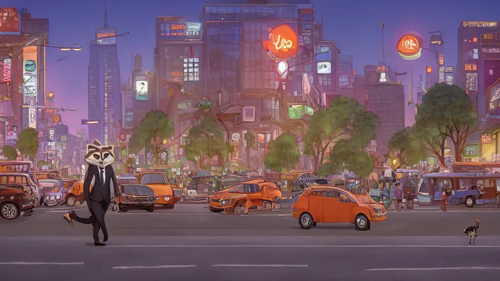 Image similar to An anthropomorphic raccoon businessman is walking down a busy crosswalk at sunset, warm lighting with an orange glow blanketing the cityscape, zootopia, other anthropomorphic characters are walking by him, extremely detailed, HDR, sideview, solemn and moody, many cars and animal people in the background, detailed face and eyes, large and detailed eyes with visible pupils, the road is wet with many rain puddles, reflections from the water on the ground, shadows are being cast from the cars and people walking around, raining