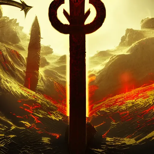 Image similar to full shot of a symmetrical game - icon of horror medieval swords crossed, red powerful fantasy epic legends, game icon stylized, digital illustration radiating, a glowing aura, global illumination, ray tracing, 8 k high definition, intricate details, octane render, unreal engine, trending on arstation