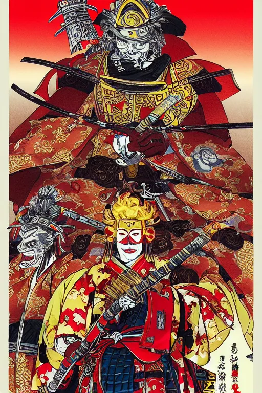 Image similar to poster of ronald mcdonald as a samurai, wearing sengoku - era shogunate armor and helmet, by yoichi hatakenaka, masamune shirow, josan gonzales and dan mumford, ayami kojima, takato yamamoto, barclay shaw, karol bak, yukito kishiro