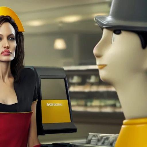 Prompt: Angelina Jolie working as a McDonalds cashier, macro, wide shot, dramatic, octane render, hyperrealistic, HD