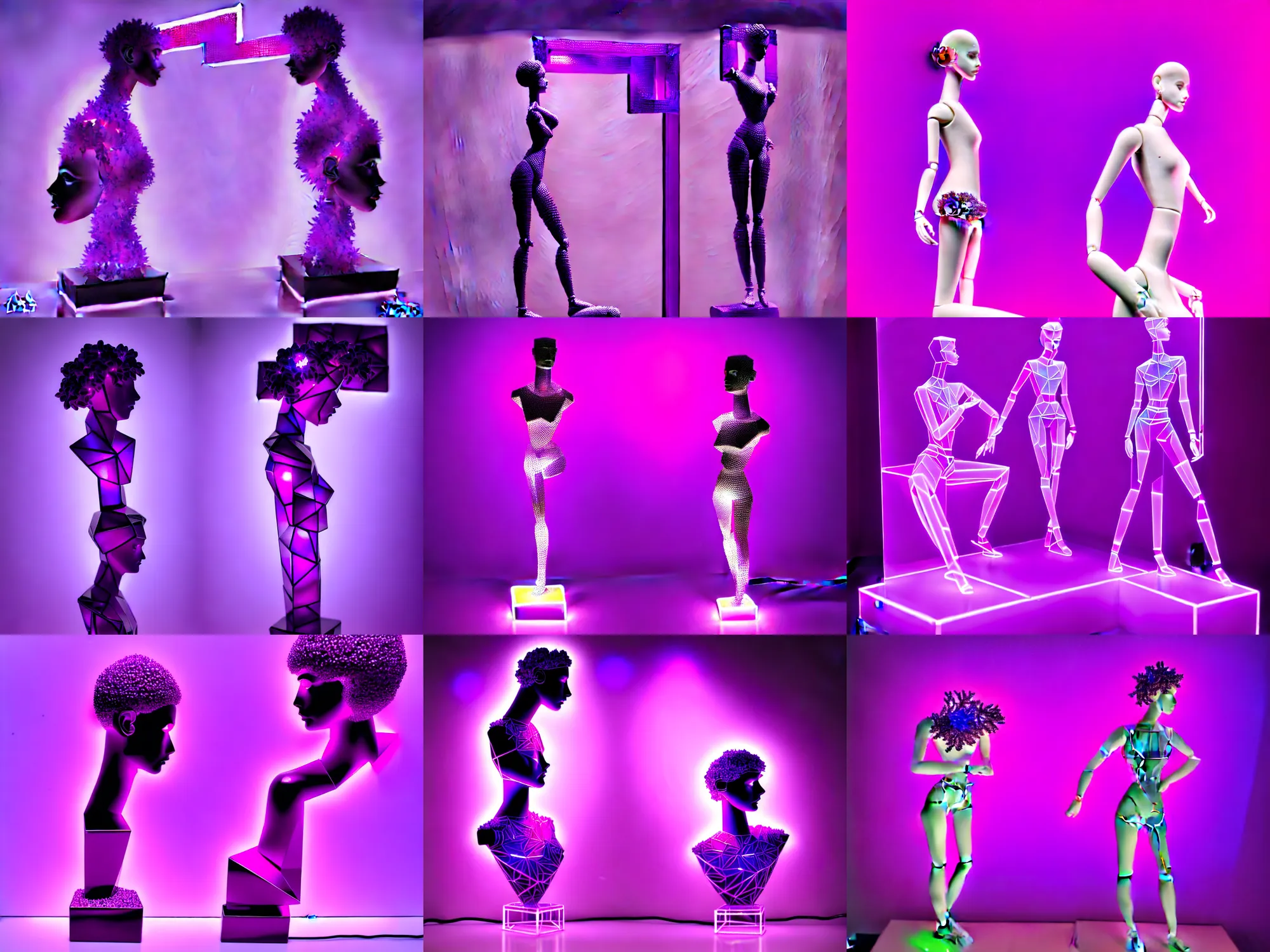 Prompt: beautiful mannequin sculpted out of amethyst by billelis + lit with purple 3 d geometric neon + chrome geometric cubed bonsai plants!!!!, doorway opening with neon pink geometric light, clean linework, dramatic, finely detailed, rule of thirds, moody, confident, award winning, 4 k, trending on artstation, photorealistic, volumetric lighting, octane render