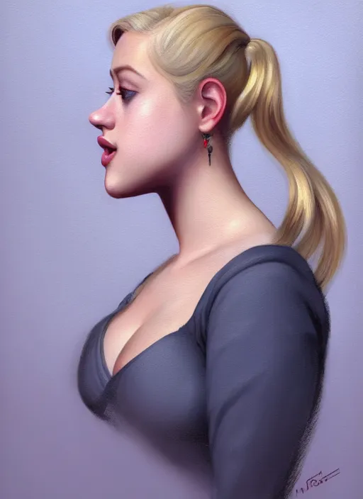 Image similar to full body portrait, teenage lili reinhart, blonde hair, obese, bangs, ponytail, sultry, realistic, sultry smirk, fluffy bangs, curly bangs, fat, belly, intricate, elegant, highly detailed, digital painting, artstation, concept art, smooth, sharp focus, illustration, art by wlop, mars ravelo and greg rutkowski