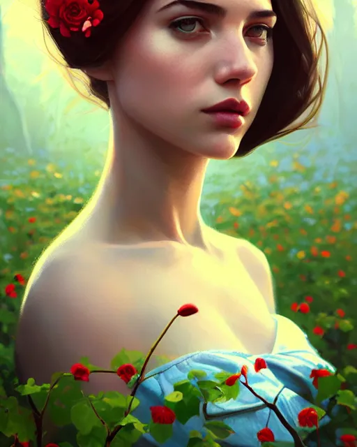 Image similar to stylized portrait of an artistic pose, composition, young lady sorrounded by nature, cinematic moody colors, ivy, flowers, one single head, realistic shaded, fine details, realistic shaded lighting poster by ilya kuvshinov, magali villeneuve, artgerm, jeremy lipkin and michael garmash and rob rey