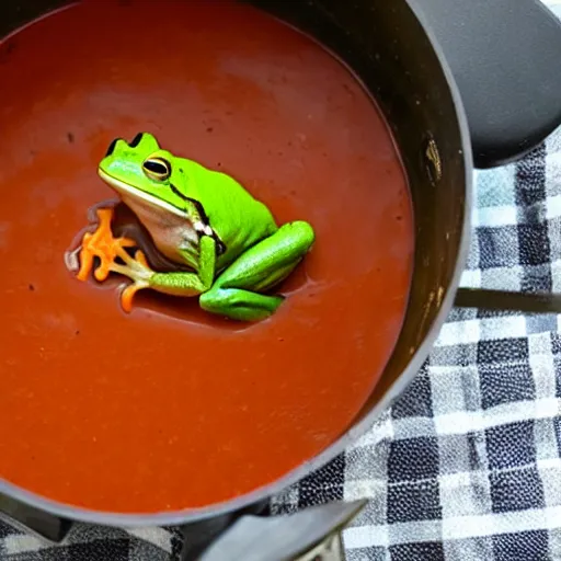 Image similar to a frog emerging from a pot of tomato soup, frog soup, recipe photo