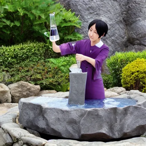 Prompt: jirou kyoka, pouring water from vase into stone fountain, isekai background style.