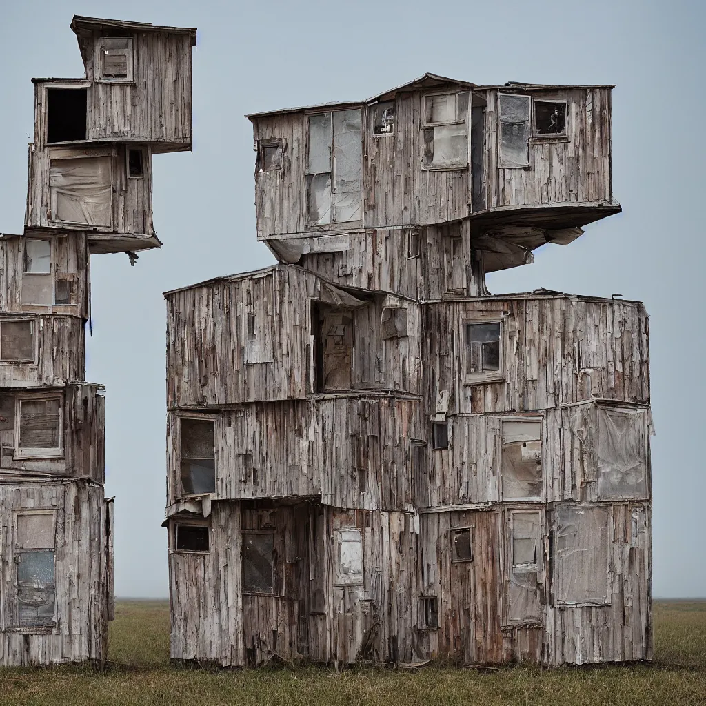 Image similar to two high towers made up of makeshift squatter shacks with faded colours, plain uniform sky at the back, misty, mamiya, ultra sharp, very detailed, photographed by julie blackmon