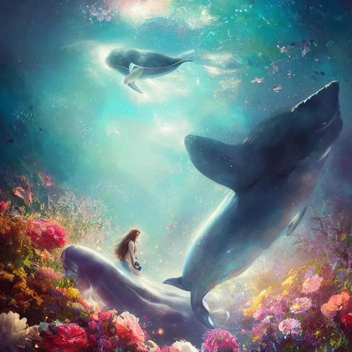 Image similar to glimmering whale, flowing dress, flowers, cosmos, milky way galaxy, golden hour, god rays, coral reef, dreamscape by artgerm and ruan jia and ismail inceoglu and greg olsen, masterpiece, beautiful, intricate, elegant, highly detailed