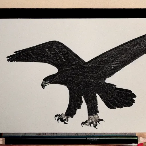 Image similar to drawing of a black eagle flying over a forest