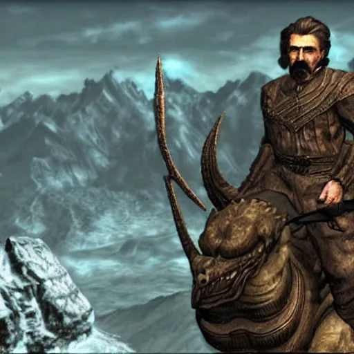 Image similar to Photo of Joseph Stalin riding the dragon from skyrim ,