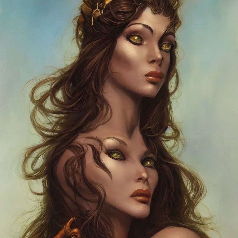 Image similar to a portrait of a beautiful female wizard, full face, beautiful clothes, style of Boris Vallejo and Frank Frazetta, very detailed, fantasy art, rule of thirds, trending on artstation and deviantart