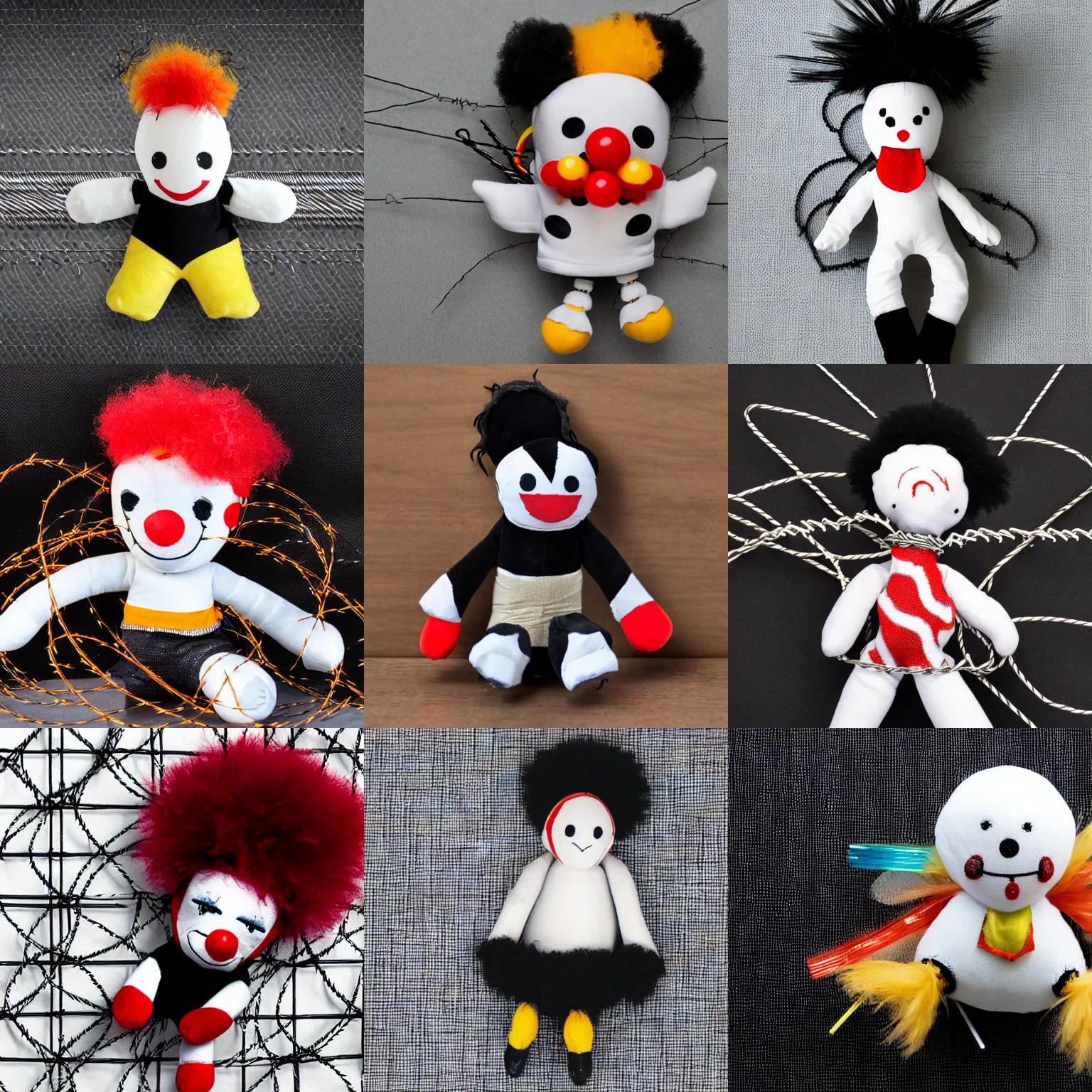 Prompt: sad cute clown pierrot plush doll wrapped in networking cables and barbed wire, with barbed wire wings, centered against a black velvet background
