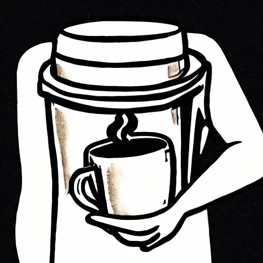 Prompt: a hand drawn illustration of a living box of KD holding a cup of coffee