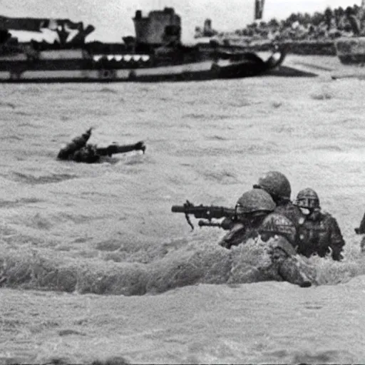 Prompt: nintendo kirby storms normandy beach on d - day ww 2