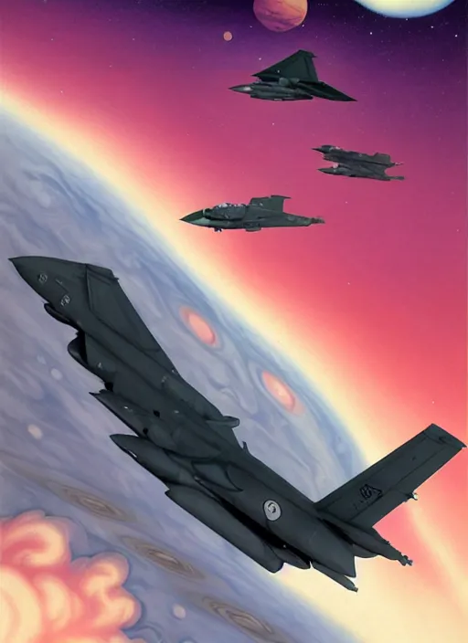 Image similar to poster artwork by michael whelan and tomer hanuka, a portrait, f 3 5 jets dogfighting in the clouds of jupiter, clean