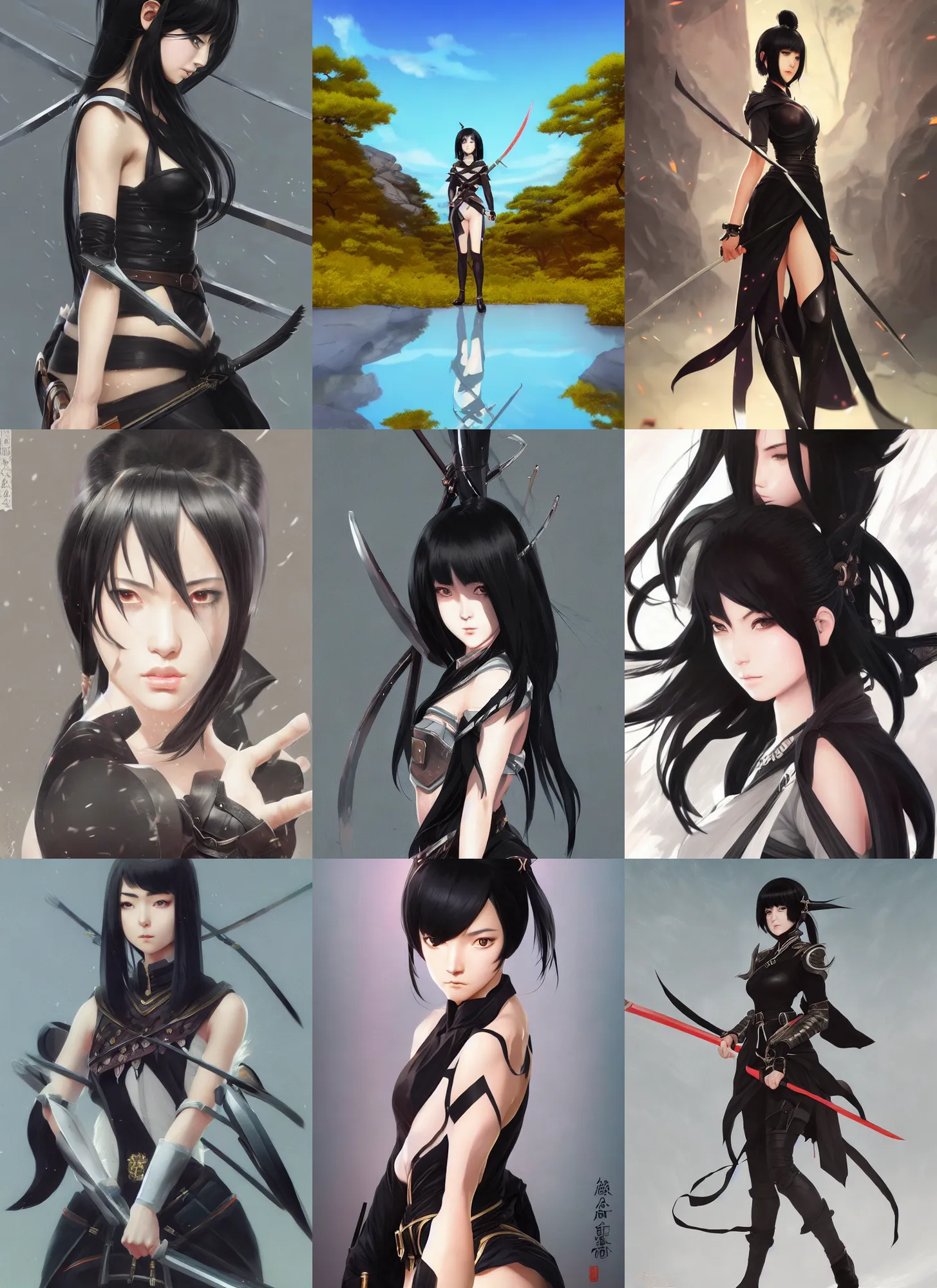 Prompt: detailed, sharp, full body portrait of a black-haired fantasy female japanese warrior, trending on artstation, anime arts, featured on Pixiv, HD, 8K, highly detailed, good lighting, beautiful, epic, masterpiece, in the style of Ilya Kuvshinov and Greg Rutkowski