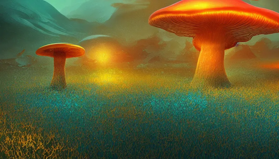 Image similar to A highly detailed digital art painting of a volatile nuclear caustic poison mushroom irradiated barren teal and yellow landscape by from software, Makoto Shinkai, by Artgerm, by beeple, volumetric lighting, octane render, 4K resolution, trending on artstation, masterpiece, vivid colours