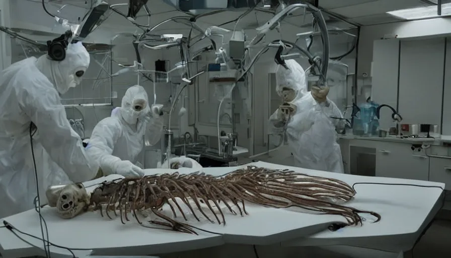 Image similar to Big budget horror movie set in biolab about a cyborg doing an autopsy on a squid-skeleton hybrid