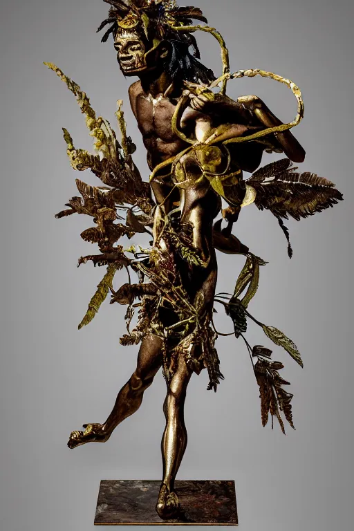 Image similar to Jean-Michel Basquiat as a bronze full-body statue of Icarus spreading his arms for flight, glowing quartz crystal skull, wreath of ferns, flowing sakura-colored silk, fabric, flowers. baroque elements, human skull. full-length view. baroque element. intricate artwork by caravaggio. many many birds birds on background. Trending on artstation. halo. octane render, cinematic, hyper realism, octane render, 8k, depth of field, 3D