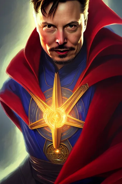 Image similar to elon musk as dr strange, realistic portrait, symmetrical, highly detailed, digital painting, artstation, concept art, smooth, sharp focus, illustration, cinematic lighting, art by artgerm and greg rutkowski and alphonse mucha