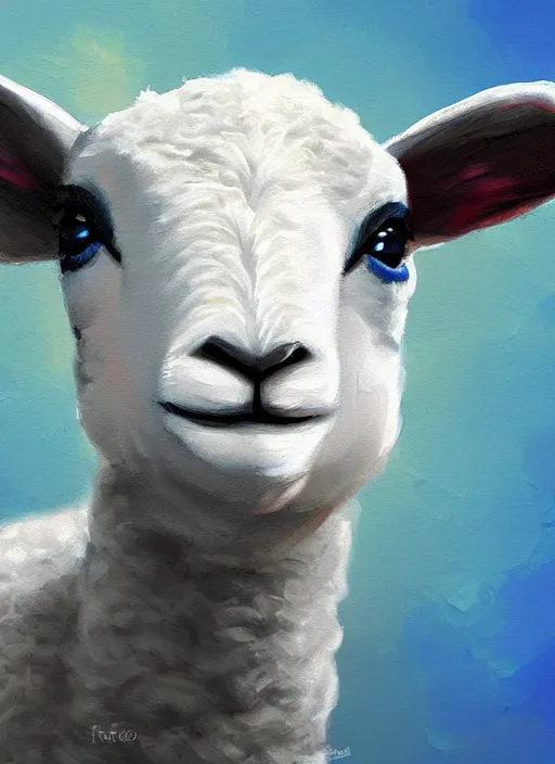 Prompt: a painting of a lamb's face with blue and yellow smoke coming out of, a digital painting by petros afshar, behance contest winner, digital art, behance hd, digital illustration, digital painting