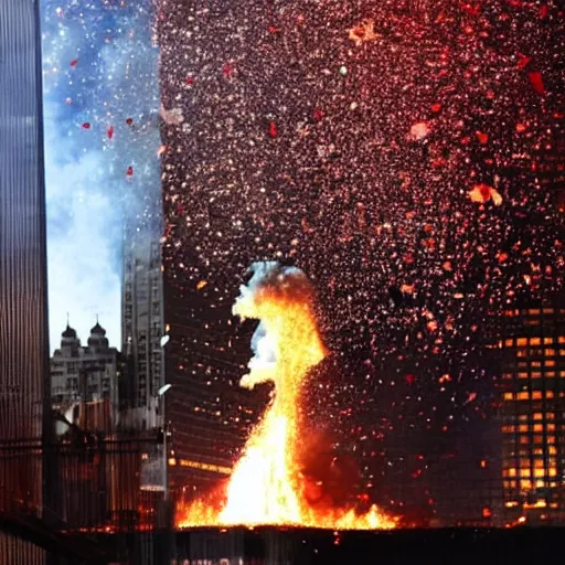 Prompt: 9/11 but fire is replaced by confetti