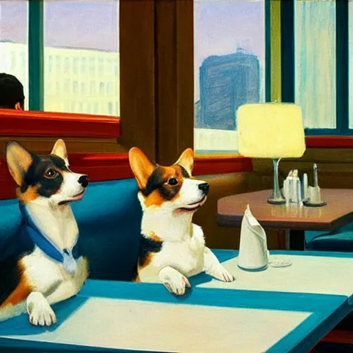 Prompt: corgi at a diner by edward hopper