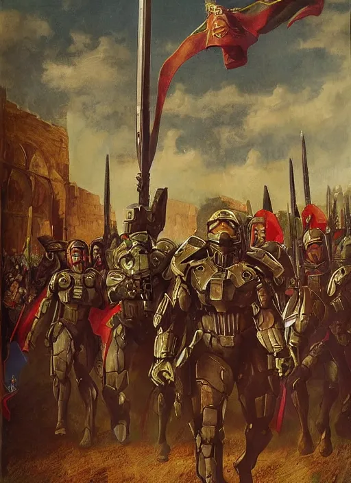 Image similar to halo master chief in a medieval royal procession by guillaume seignac