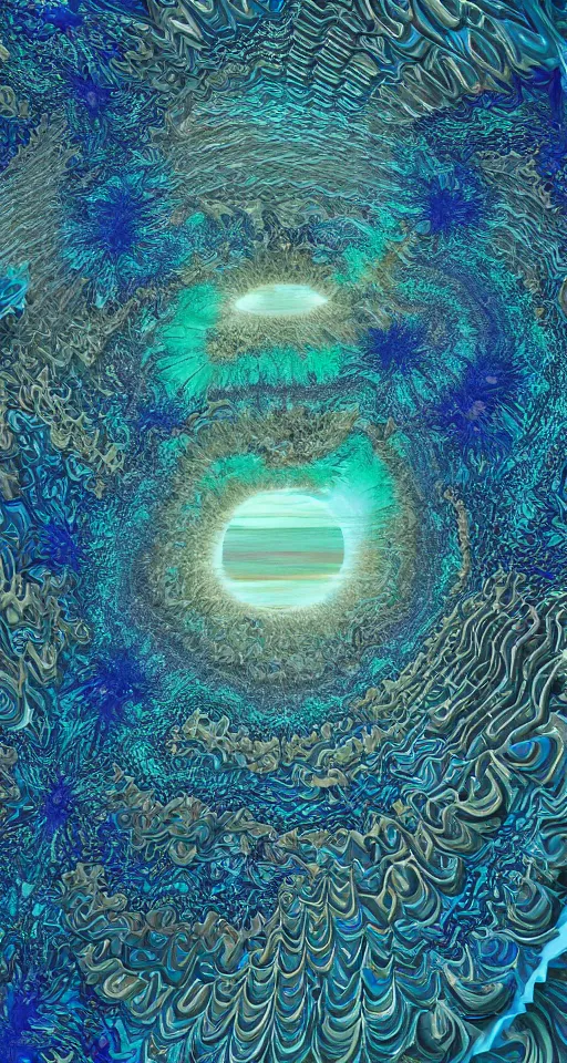 Image similar to a hyper-complex geometric mandelbulb fractral sunrise, mandelbrot fractal ocean waves, tropcial psychedelic vacation paradise, insane amount of detail, photo