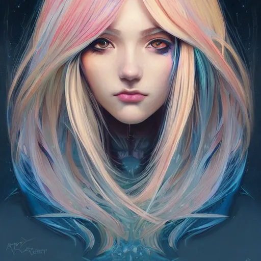 Image similar to portrait of beautiful symmetrical anime girl, rainbow hair, attractive, casual, modern, victoria's secret, highly detailed, digital painting, artstation, concept art, smooth, sharp focus, illustration, art by artgerm, greg rutkowski and alphonse mucha, 8 k,