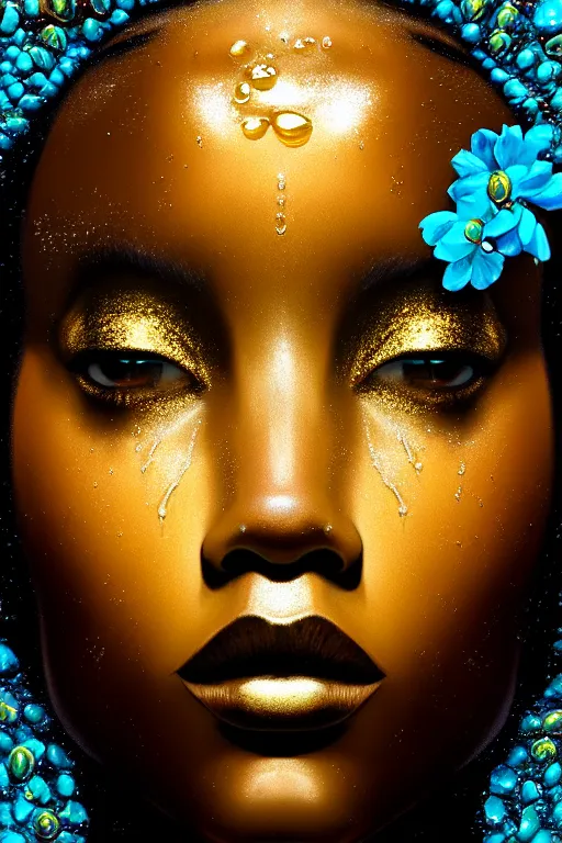 Image similar to hyperrealistic precisionist cinematic profile very expressive! black oshun goddess, in water! up to shoulders, mirror dripping droplet!, gold flowers, highly detailed face, digital art masterpiece, smooth eric zener cam de leon, dramatic pearlescent turquoise light on one side, low angle uhd 8 k, shallow depth of field