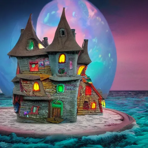 Image similar to a witches house made out of candy, on the ocean, epic scene, fantasy, redshift render, cgi, hyper - detailed, photo - bash, 8 k post - production, masterpiece