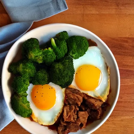 Prompt: a warm, tasty, simple dinner made of veggies, meat and eggs, hyper realistic