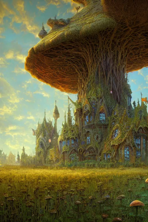 Prompt: wide angle view, a beautiful digital painting of a gigantic elaborate fairy castle made of a mushroom with windows, in a swamp marsh with a mushroom village, beautiful tranquil day, by greg rutkowski, gerald brom, marc simonetti, jean - baptiste monge, and alphonse mucha, symmetry, complementary colors, ink illustration, trending on artstation