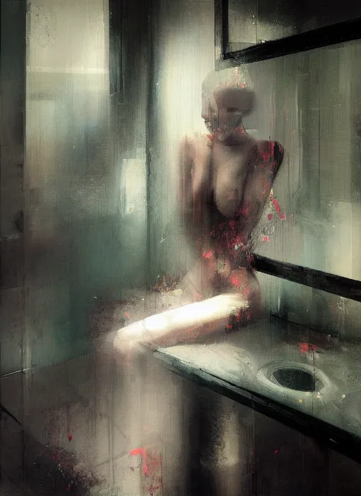 Prompt: a beautiful glitched painting by christian hook of a woman in a bathroom, brushstrokes by jeremy mann, still life, dark colors