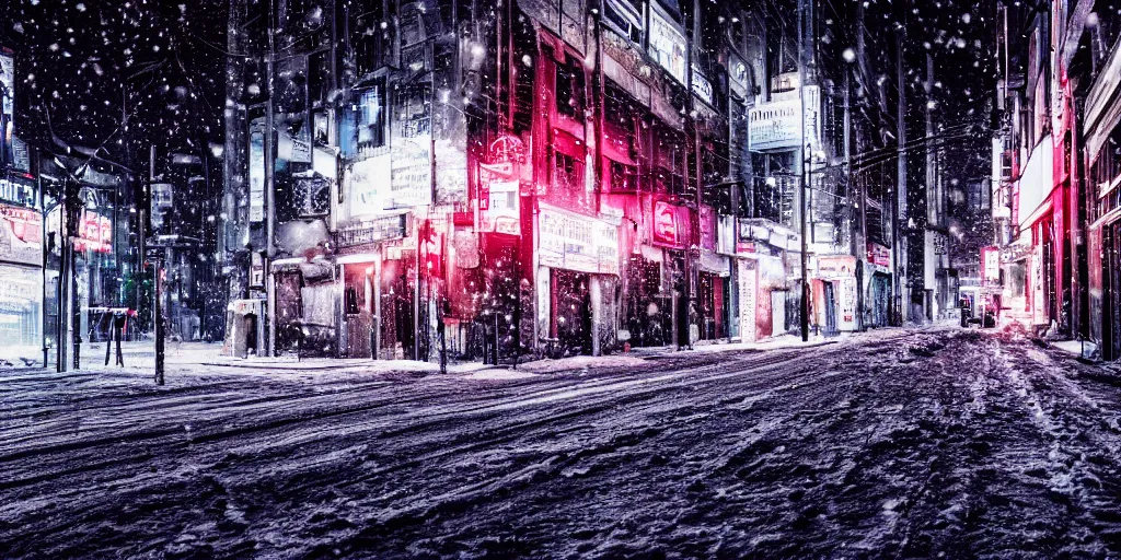 Prompt: a city street at night, snowing, photograph, cyberpunk, sharp focus, intricate detail, Desolate, drone shot, high resolution, 8k, neon streetlights, wires hanging down everywhere