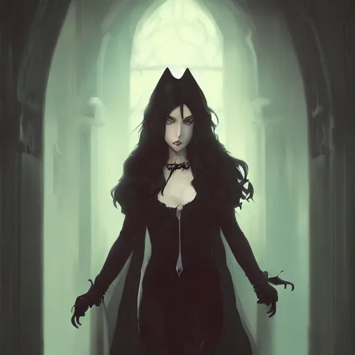 Image similar to female human vampire witch in the style of greg rutkowski, makoto shinkai, trending on artstation, character design, concept art, pretty face, highly detailed, long black hair, portrait, digital art