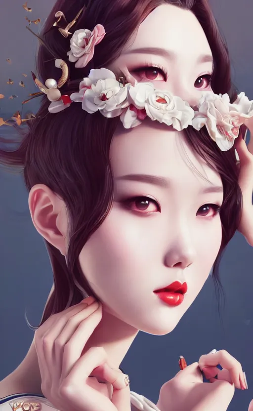 Image similar to a pin up and beautiful fashion charming dreamlke korea girl with lv jewelry, character art, art by artgerm lau and kyoung hwan kim and and ilya kuvshinov and john singer sargent, hyperdetailed, 8 k realistic, symmetrical, frostbite 3 engine, cryengine, dof, trending on artstation, digital art