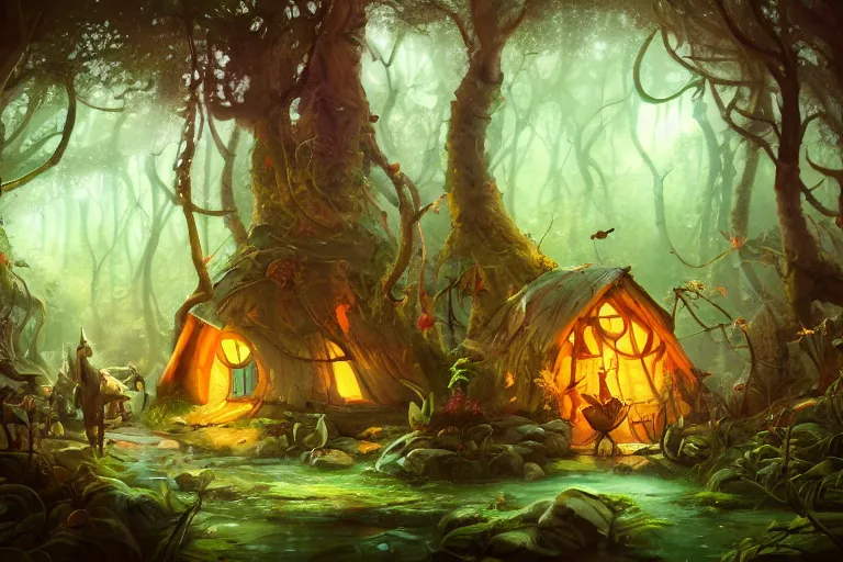 Image similar to detailed painting of fairy huts in the moosy forest clearing near waterfall, in the style of peter mohrbacher, james jean, artgerm, dramatic lighting and composition, surreal background, octane render, pixar, trending on artstation, concept art, comic book, 8 k