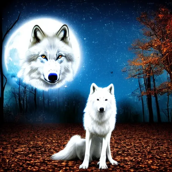 Image similar to white wolf with blue eyes stands in a dark night dormant autumn forest with magic moon in sky, no yellow color in eyes, no yellow color, realistic