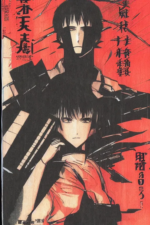 Image similar to bladerunner manga cover, cover art for manga, full color, seinen manga by kentaro miura. text kanji hiragana on the cover simplistic minimalist stylized cover art, coherent professional