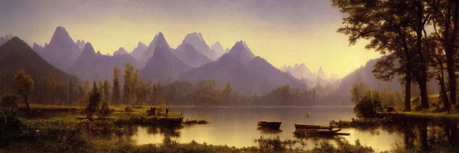 Image similar to beautiful albert bierstadt landscape painting of beautiful mountains and lakes with a mcdonald ’ s fast food restaurant in the scene