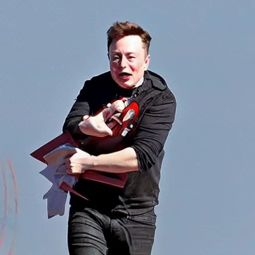 Image similar to paparazzi shot of elon musk grabbing on a rocket in mid-air, horror face, highly detailed skin, highly detailed face