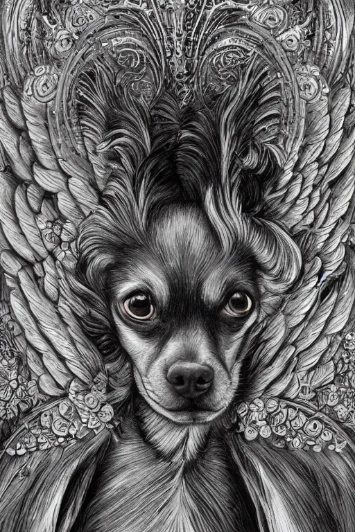 Image similar to God had dog Chihuahua's head, a radiant halo and wings, detailed face, gorgeous, flowing hair, very muscular male body, partial anatomy, stormy and grand war scene, delicate and intricate borders for decoration, caesar victorious, proud Emperor, split lighting, character close-up, intricate, highly detailed, 8K, digital painting, fantasy, concept art, sharp focus, art by greg rutkowski beeple and alphonse mucha