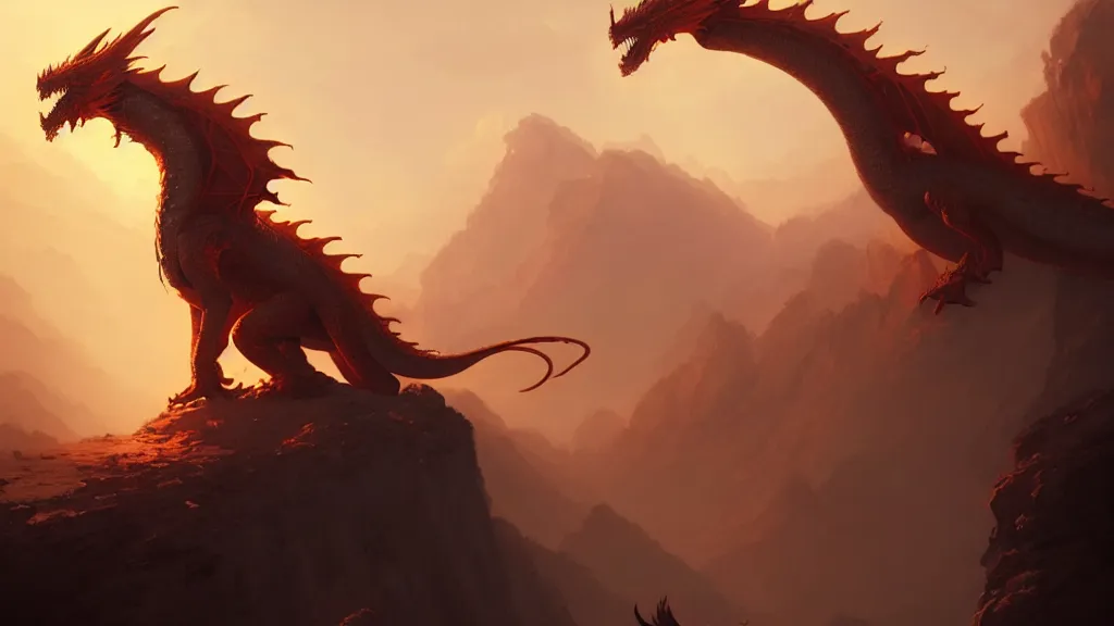 Prompt: dragon, low angle, cinematic, golden hour, by greg rutkowski, artstation, hd, mist