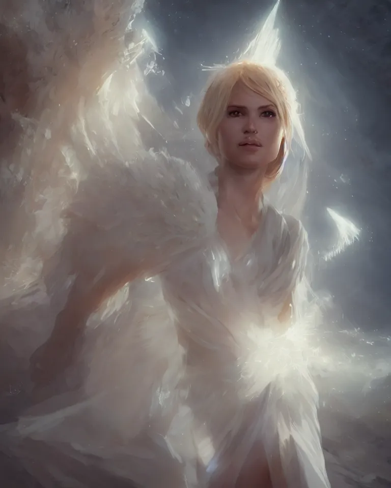 Prompt: portrait of a blonde fantasy goddess, white elegant clothing, glowing aura, angel wings, artstation, 4 k, greg rutkowski, concept art, matte painting