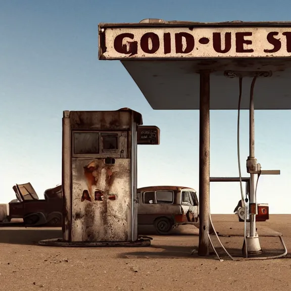 Prompt: an old, tiny abandoned gas station in the middle of the desert, cobweb, old, artstation, digital art.