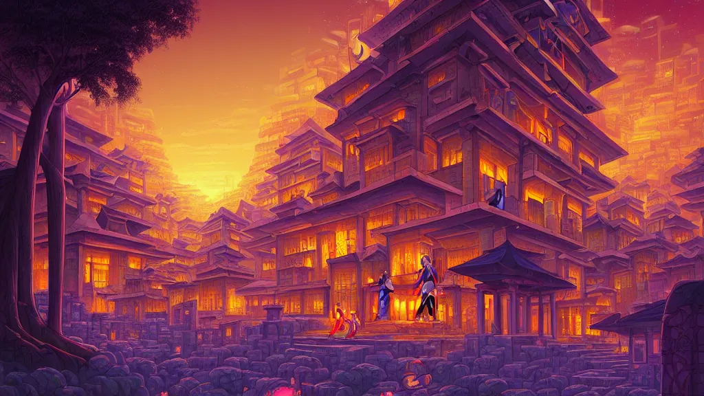 Image similar to street view of gigantic temple city at night by cyril rolando and naomi okubo and dan mumford and ricardo bofill