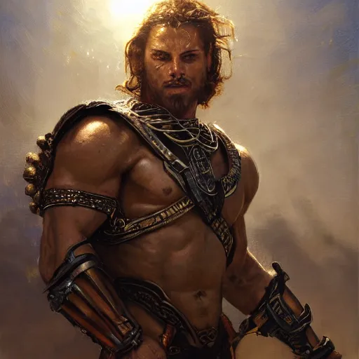 Prompt: handsome portrait of a spartan guy bodybuilder posing, radiant light, caustics, war hero, metal gear, steel ball run, by gaston bussiere, bayard wu, greg rutkowski, giger, maxim verehin