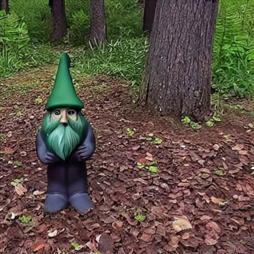 Prompt: trail cam footage of a creepy garden gnome