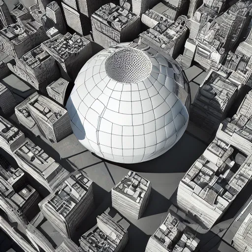 Image similar to isometric view of giant half sphere that is a chunk of a New York neighborhood, floating in the sky, pipes and underground subway station on lower part of the sphere, 3d rendering, f8 aperture